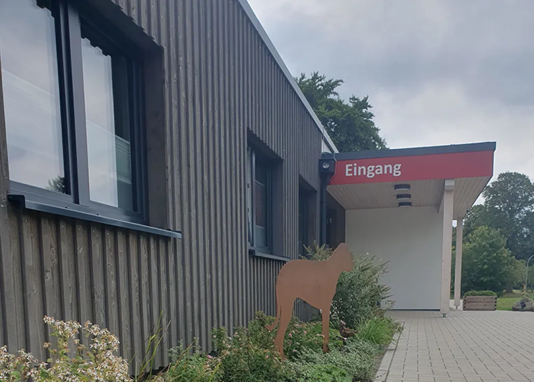 Eingangsbereich der Tierarztpraxis mit überdachtem, barrierefreiem Zugang und Beschilderung, umrahmt von Pflanzenbeeten.