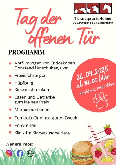 Plakat für den Tag der offenen Tür der Tierarztpraxis Hohne. Text: 'Tag der offenen Tür', 'PROGRAMM', 'Vorführungen von Endoskopen, Hufschuhen, uvm.', 'Praxisführungen', 'Kinderschminken', 'Essen und Getränke zum kleinen Preis', 'Mitmachaktionen', 'Tombola für einen guten Zweck', 'Ponyreiten', 'Klinik für Kinderkuscheltiere', '26.09.2025 ab 14.00 Uhr', 'Harzklint 2, 29362 Hohne