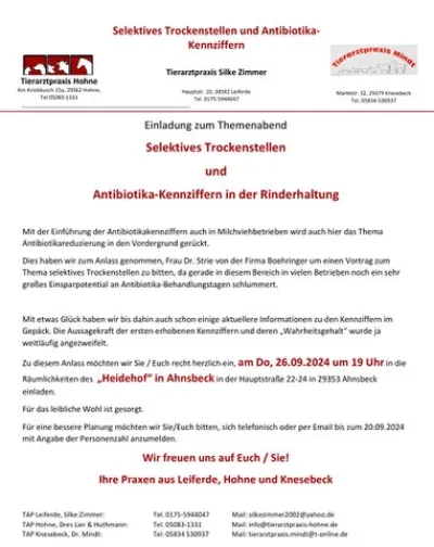 Einladung zu einem Themenabend über selektives Trockenstellen und Antibiotika-Kennziffern in der Rinderhaltung. Datum: 26.09.2024, Uhrzeit: 19 Uhr, Ort: 'Heidehof' in Ahnbeck.