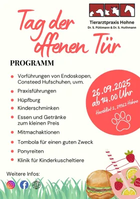Plakat für den Tag der offenen Tür der Tierarztpraxis Hohne. Text: 'Tag der offenen Tür', 'PROGRAMM', 'Vorführungen von Endoskopen, Hufschuhen, uvm.', 'Praxisführungen', 'Kinderschminken', 'Essen und Getränke zum kleinen Preis', 'Mitmachaktionen', 'Tombola für einen guten Zweck', 'Ponyreiten', 'Klinik für Kinderkuscheltiere', '26.09.2025 ab 14.00 Uhr', 'Harzklint 2, 29362 Hohne